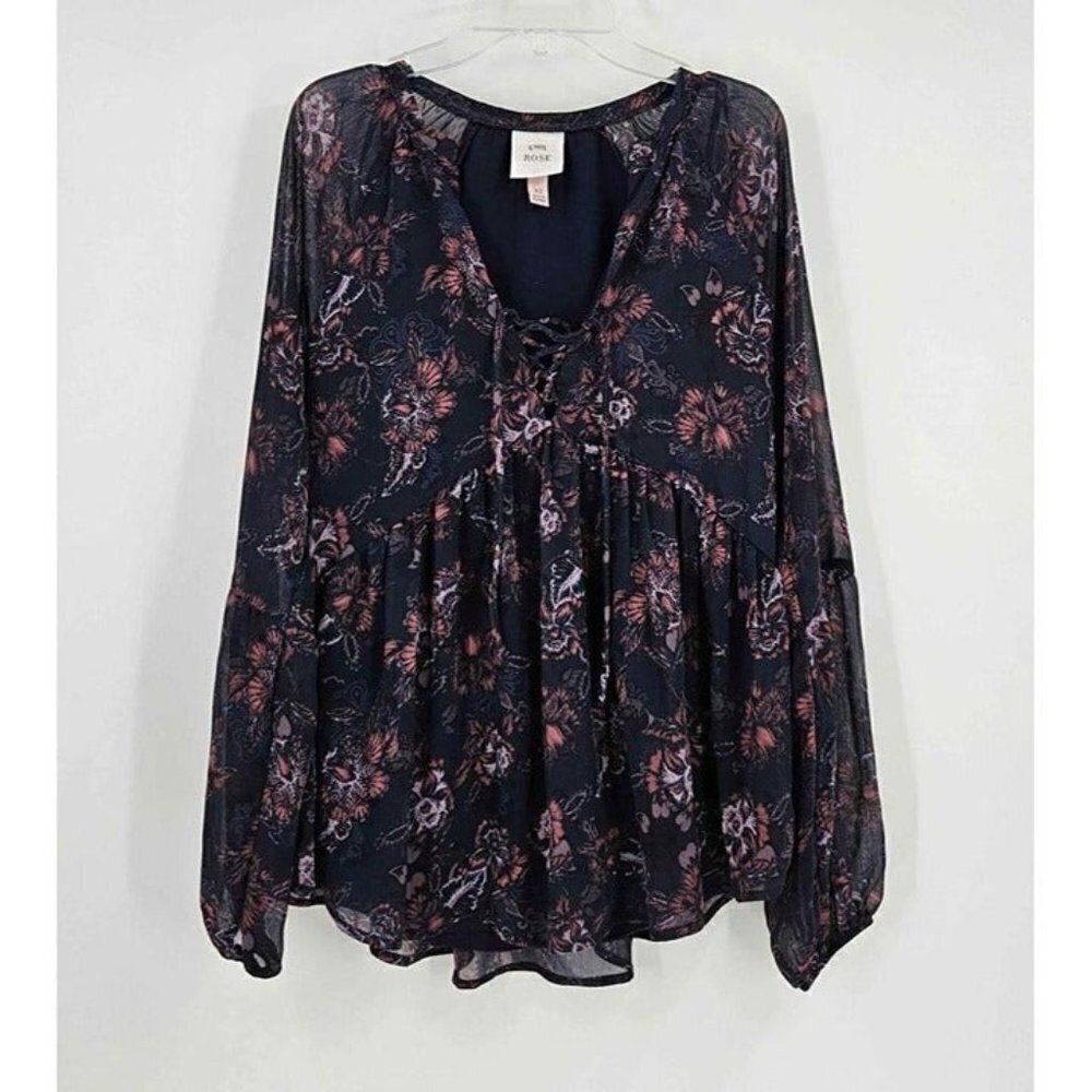 Knox Rose Boho Blue Floral Lace Tie Neck Lined Lightweight Long Sleeve Top Sz XS